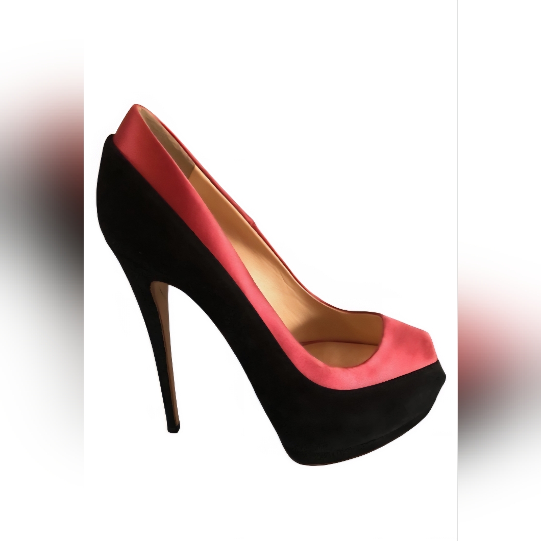 Giuseppe Zanotti Black Suede Pink Satin Trim Peep Toe Heels